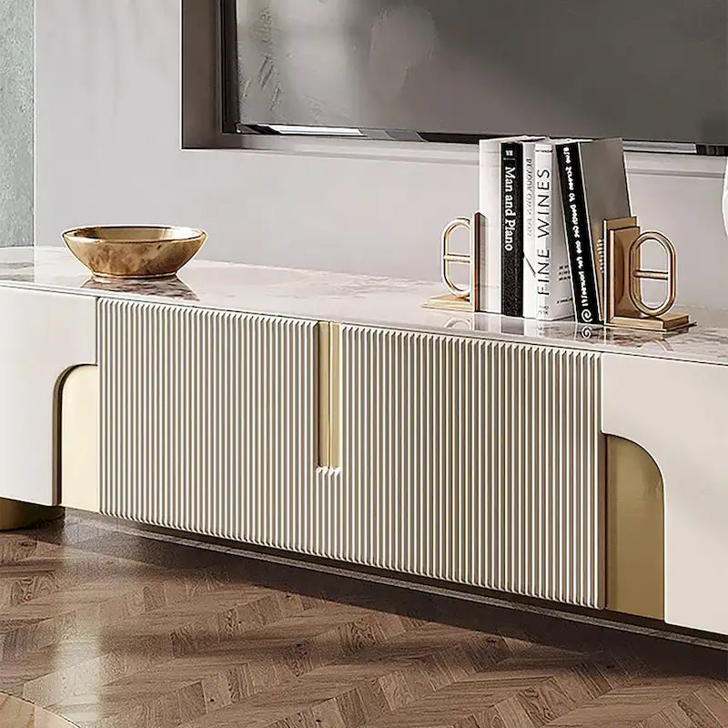 Mueble de TV de 78,7 pulgadas con 3 cajones, color blanco, con superficie de piedra sinterizada - 78,74