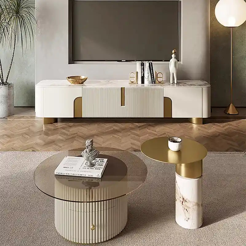 Mueble de TV de 78,7 pulgadas con 3 cajones, color blanco, con superficie de piedra sinterizada - 78,74