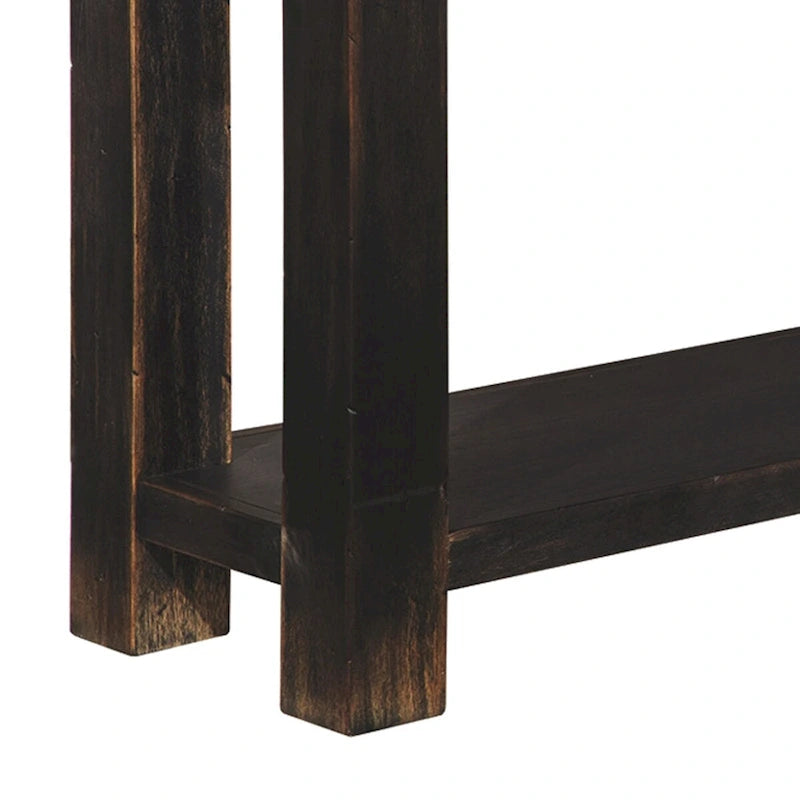 Mesa de sofá de madera con cuatro cajones y un estante, negro envejecido