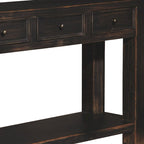 Mesa de sofá de madera con cuatro cajones y un estante, negro envejecido