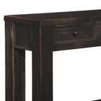Mesa de sofá de madera con cuatro cajones y un estante, negro envejecido