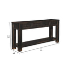 Mesa de sofá de madera con cuatro cajones y un estante, negro envejecido