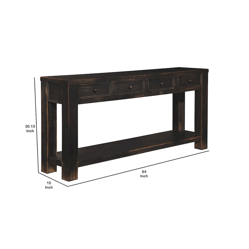 Mesa de sofá de madera con cuatro cajones y un estante, negro envejecido