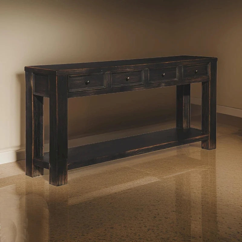 Mesa de sofá de madera con cuatro cajones y un estante, negro envejecido