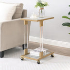 Mesa auxiliar moderna contemporánea en forma de C, mesa auxiliar para aperitivos con vidrio templado, estructura de acero y acrílico, ruedas con bloqueo