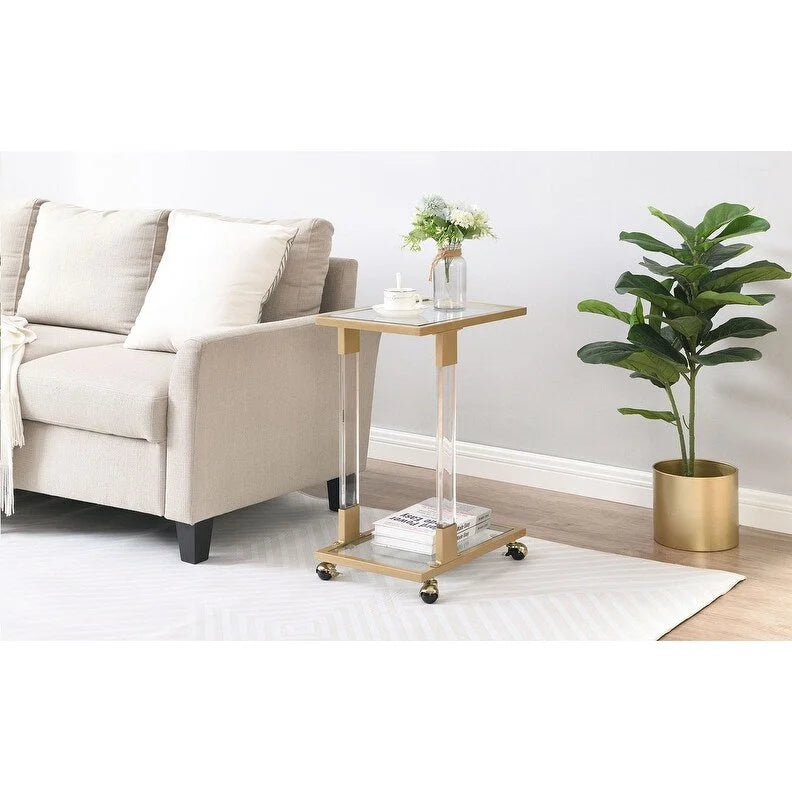 Mesa auxiliar moderna contemporánea en forma de C, mesa auxiliar para aperitivos con vidrio templado, estructura de acero y acrílico, ruedas con bloqueo