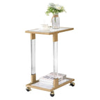 Mesa auxiliar moderna contemporánea en forma de C, mesa auxiliar para aperitivos con vidrio templado, estructura de acero y acrílico, ruedas con bloqueo