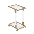 Mesa auxiliar moderna contemporánea en forma de C, mesa auxiliar para aperitivos con vidrio templado, estructura de acero y acrílico, ruedas con bloqueo