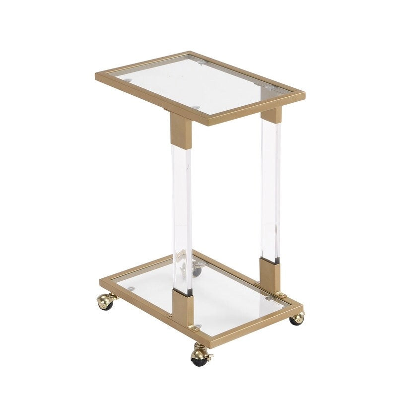 Mesa auxiliar moderna contemporánea en forma de C, mesa auxiliar para aperitivos con vidrio templado, estructura de acero y acrílico, ruedas con bloqueo