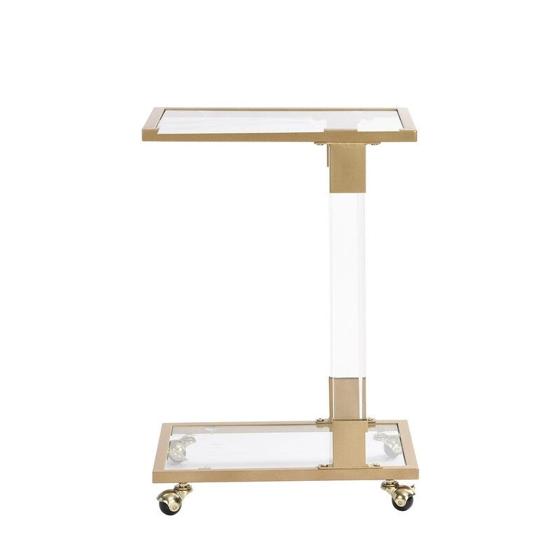 Mesa auxiliar moderna contemporánea en forma de C, mesa auxiliar para aperitivos con vidrio templado, estructura de acero y acrílico, ruedas con bloqueo