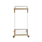 Mesa auxiliar moderna contemporánea en forma de C, mesa auxiliar para aperitivos con vidrio templado, estructura de acero y acrílico, ruedas con bloqueo
