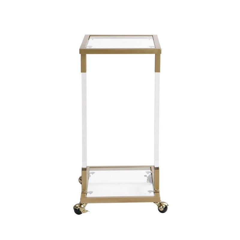 Mesa auxiliar moderna contemporánea en forma de C, mesa auxiliar para aperitivos con vidrio templado, estructura de acero y acrílico, ruedas con bloqueo