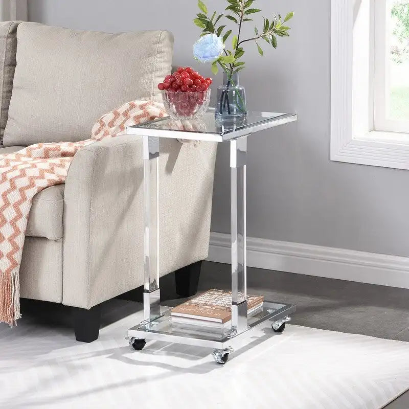 Mesa auxiliar moderna contemporánea en forma de C, mesa auxiliar para aperitivos con vidrio templado, estructura de acero y acrílico, ruedas con bloqueo