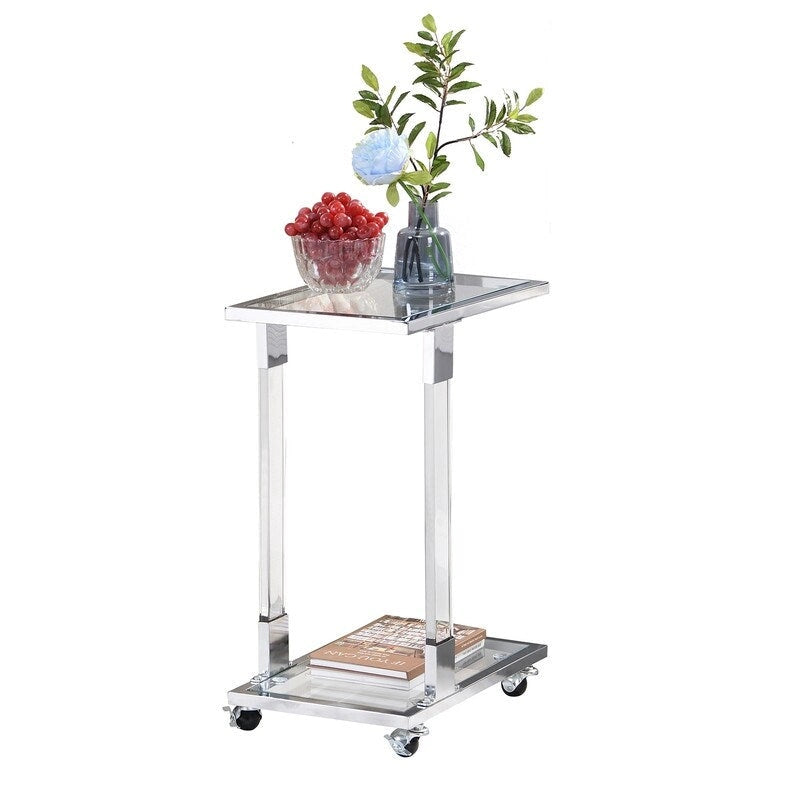 Mesa auxiliar moderna contemporánea en forma de C, mesa auxiliar para aperitivos con vidrio templado, estructura de acero y acrílico, ruedas con bloqueo
