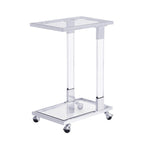Mesa auxiliar moderna contemporánea en forma de C, mesa auxiliar para aperitivos con vidrio templado, estructura de acero y acrílico, ruedas con bloqueo