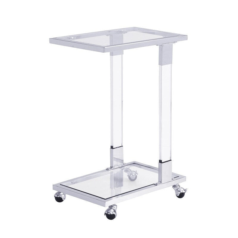 Mesa auxiliar moderna contemporánea en forma de C, mesa auxiliar para aperitivos con vidrio templado, estructura de acero y acrílico, ruedas con bloqueo