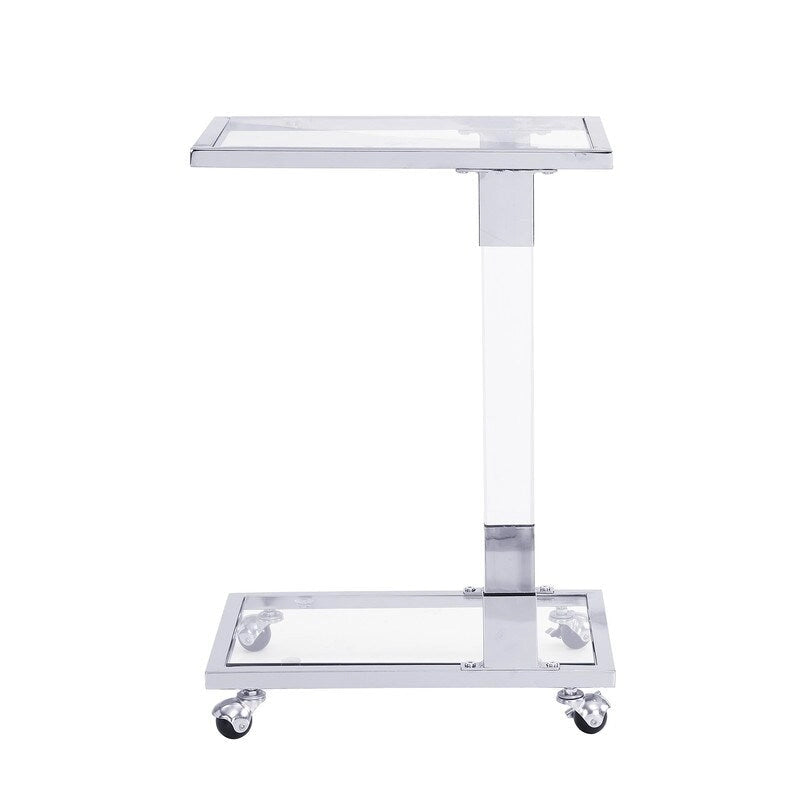 Mesa auxiliar moderna contemporánea en forma de C, mesa auxiliar para aperitivos con vidrio templado, estructura de acero y acrílico, ruedas con bloqueo