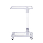 Mesa auxiliar moderna contemporánea en forma de C, mesa auxiliar para aperitivos con vidrio templado, estructura de acero y acrílico, ruedas con bloqueo