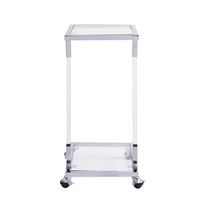 Mesa auxiliar moderna contemporánea en forma de C, mesa auxiliar para aperitivos con vidrio templado, estructura de acero y acrílico, ruedas con bloqueo