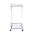 Mesa auxiliar moderna contemporánea en forma de C, mesa auxiliar para aperitivos con vidrio templado, estructura de acero y acrílico, ruedas con bloqueo