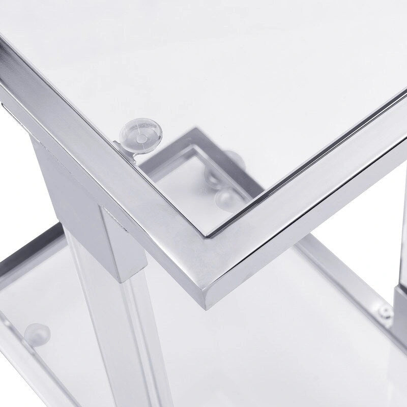 Mesa auxiliar moderna contemporánea en forma de C, mesa auxiliar para aperitivos con vidrio templado, estructura de acero y acrílico, ruedas con bloqueo