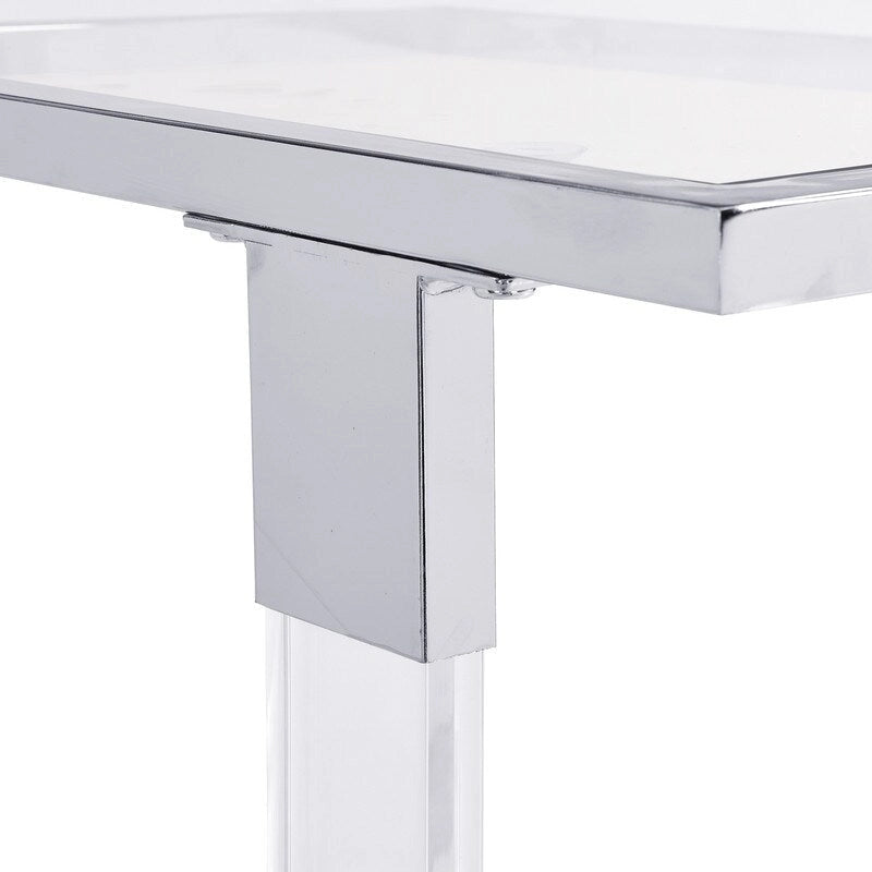Mesa auxiliar moderna contemporánea en forma de C, mesa auxiliar para aperitivos con vidrio templado, estructura de acero y acrílico, ruedas con bloqueo