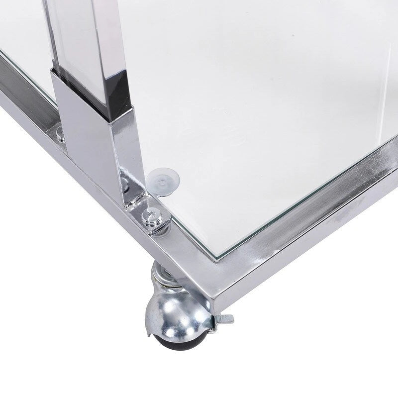 Mesa auxiliar moderna contemporánea en forma de C, mesa auxiliar para aperitivos con vidrio templado, estructura de acero y acrílico, ruedas con bloqueo