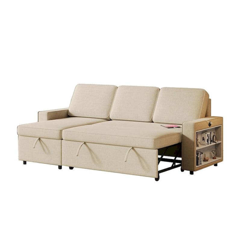 Sofá cama convertible con chaise de almacenamiento y puerto USB, sofá en forma de L, beige