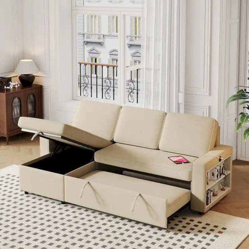 Sofá cama convertible con chaise de almacenamiento y puerto USB, sofá en forma de L, beige