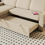 Sofá cama convertible con chaise de almacenamiento y puerto USB, sofá en forma de L, beige