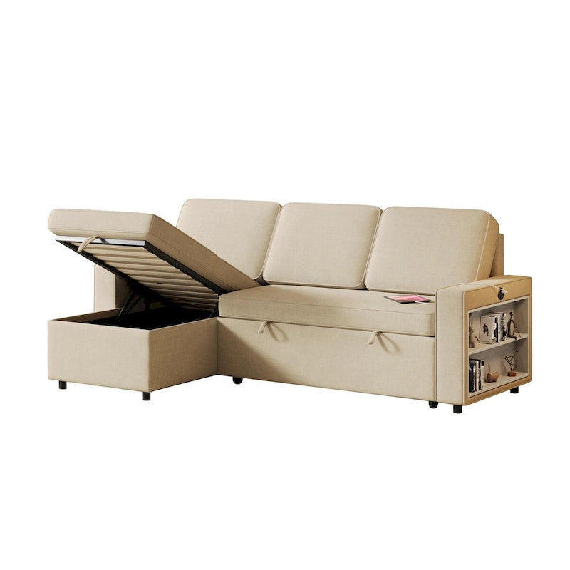 Sofá cama convertible con chaise de almacenamiento y puerto USB, sofá en forma de L, beige
