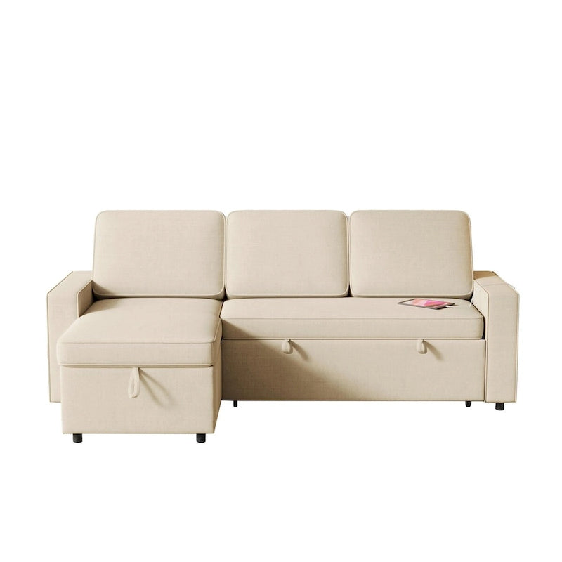 Sofá cama convertible con chaise de almacenamiento y puerto USB, sofá en forma de L, beige
