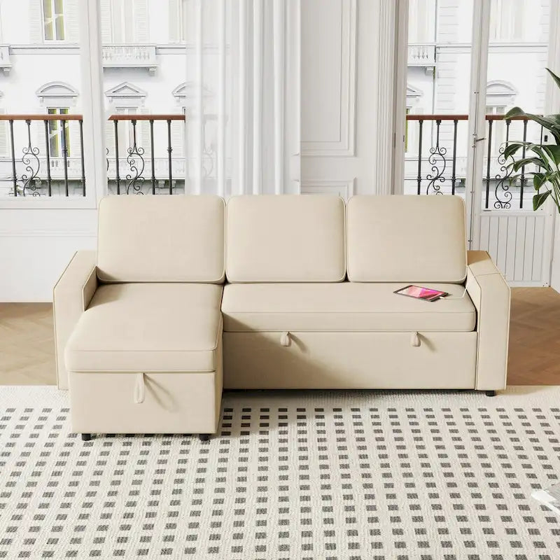 Sofá cama convertible con chaise de almacenamiento y puerto USB, sofá en forma de L, beige