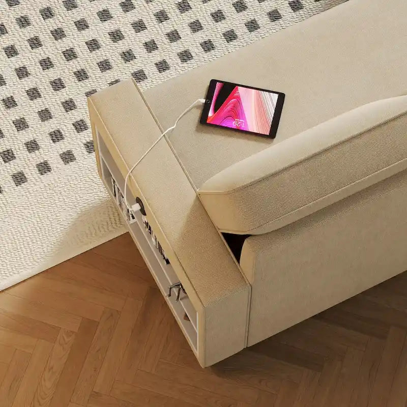 Sofá cama convertible con chaise de almacenamiento y puerto USB, sofá en forma de L, beige