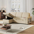 Sofá cama convertible con chaise de almacenamiento y puerto USB, sofá en forma de L, beige