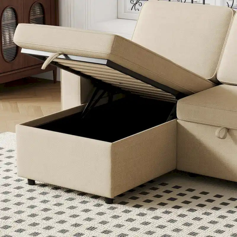 Sofá cama convertible con chaise de almacenamiento y puerto USB, sofá en forma de L, beige