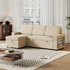 Sofá cama convertible con chaise de almacenamiento y puerto USB, sofá en forma de L, beige