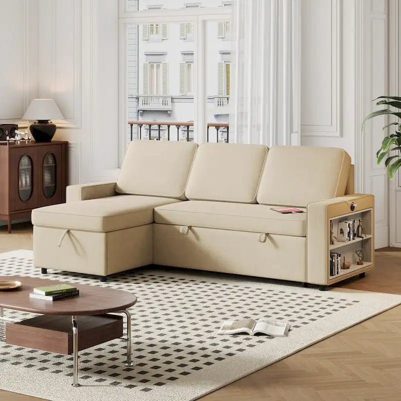 Sofá cama convertible con chaise de almacenamiento y puerto USB, sofá en forma de L, beige