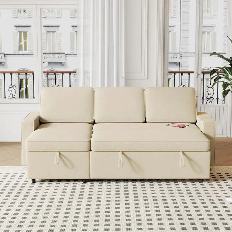 Sofá cama convertible con chaise de almacenamiento y puerto USB, sofá en forma de L, beige