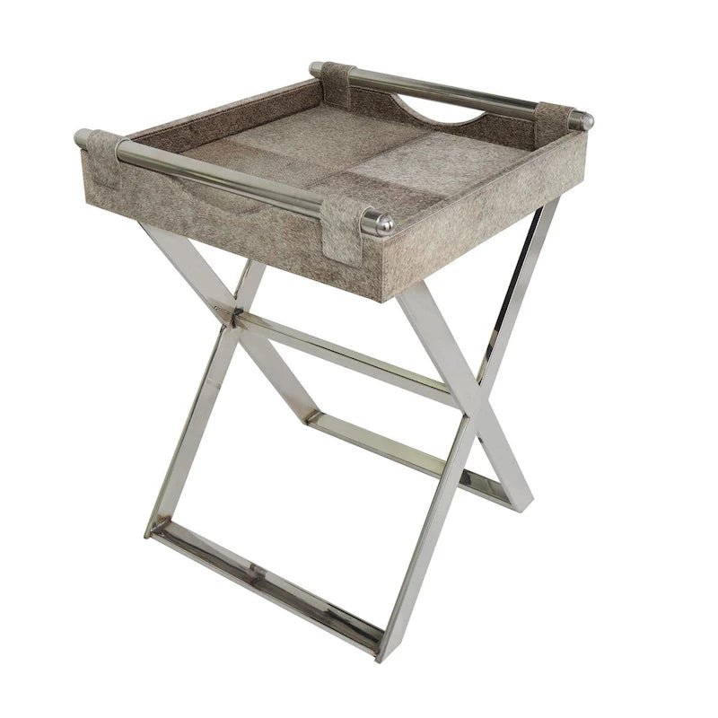 Mesa auxiliar/auxiliar con bandeja de cuero y patas y asas diagonales plateadas - Gris