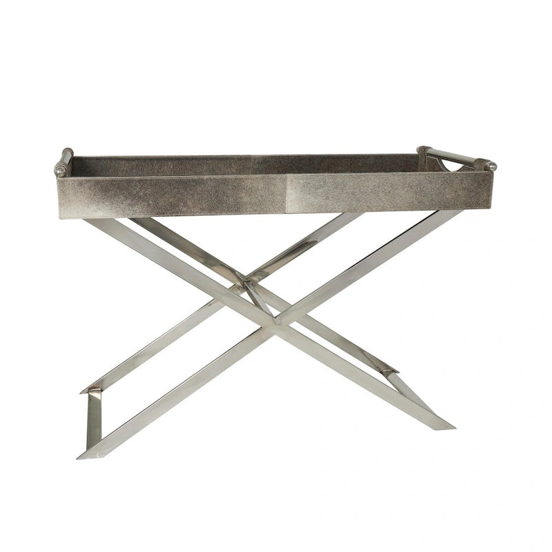 Mesa auxiliar/auxiliar con bandeja de cuero y patas y asas diagonales plateadas - Gris
