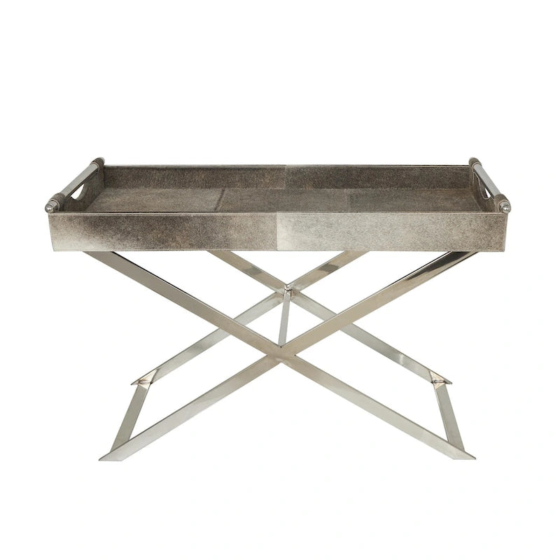 Mesa auxiliar/auxiliar con bandeja de cuero y patas y asas diagonales plateadas - Gris