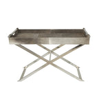 Mesa auxiliar/auxiliar con bandeja de cuero y patas y asas diagonales plateadas - Gris
