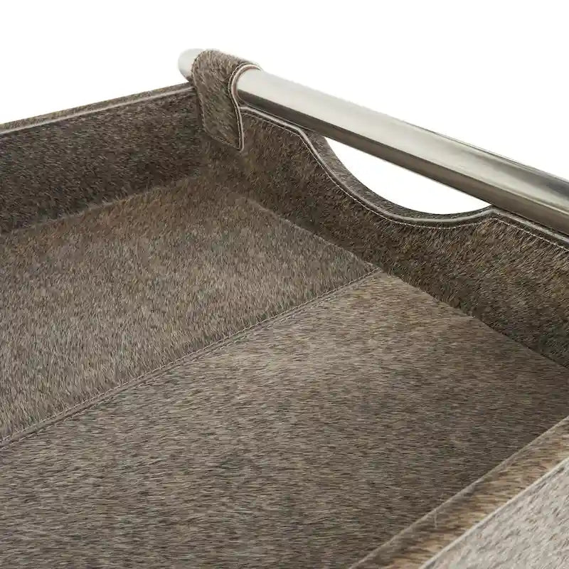 Mesa auxiliar/auxiliar con bandeja de cuero y patas y asas diagonales plateadas - Gris