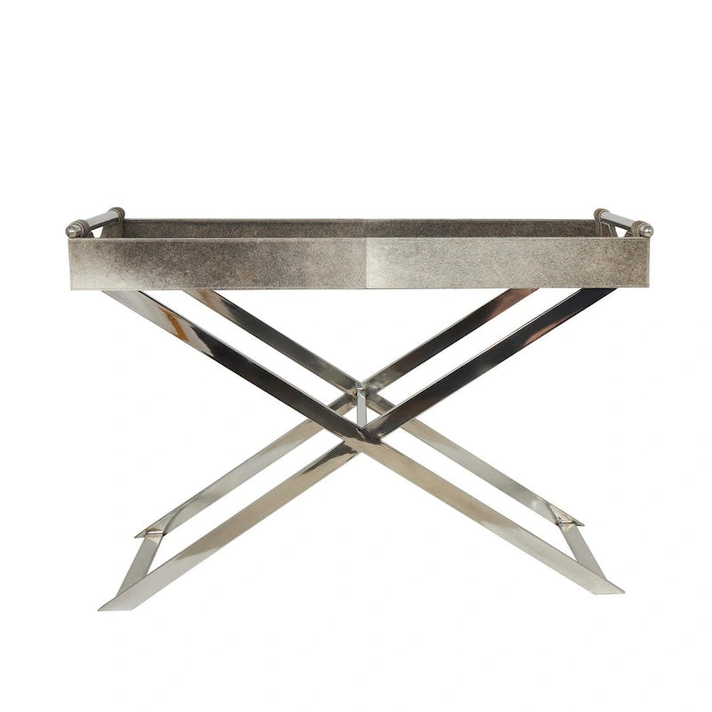 Mesa auxiliar/auxiliar con bandeja de cuero y patas y asas diagonales plateadas - Gris
