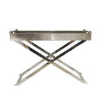Mesa auxiliar/auxiliar con bandeja de cuero y patas y asas diagonales plateadas - Gris