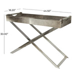 Mesa auxiliar/auxiliar con bandeja de cuero y patas y asas diagonales plateadas - Gris