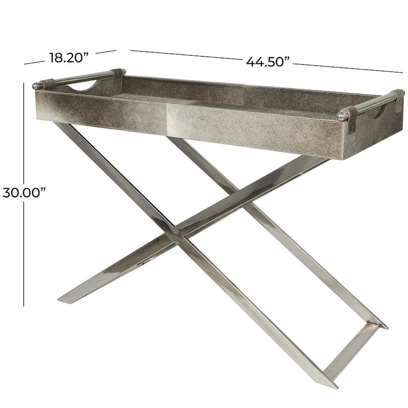 Mesa auxiliar/auxiliar con bandeja de cuero y patas y asas diagonales plateadas - Gris