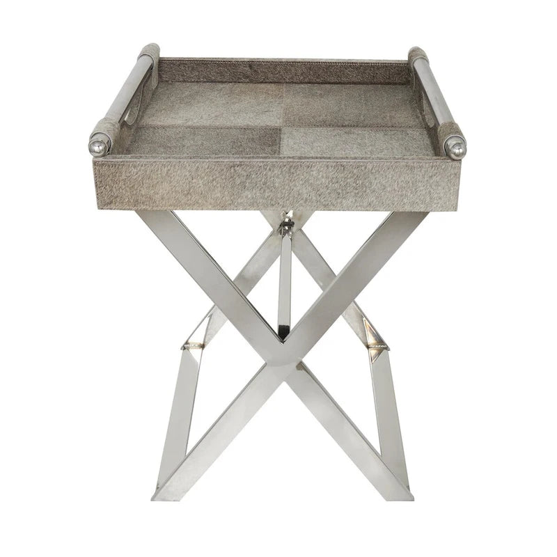 Mesa auxiliar/auxiliar con bandeja de cuero y patas y asas diagonales plateadas - Gris