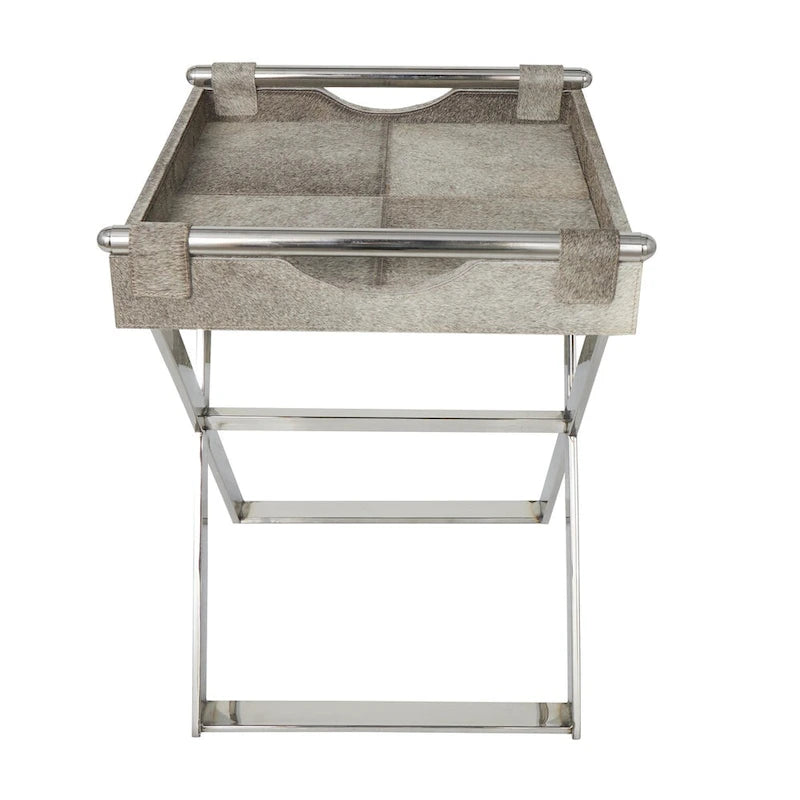 Mesa auxiliar/auxiliar con bandeja de cuero y patas y asas diagonales plateadas - Gris